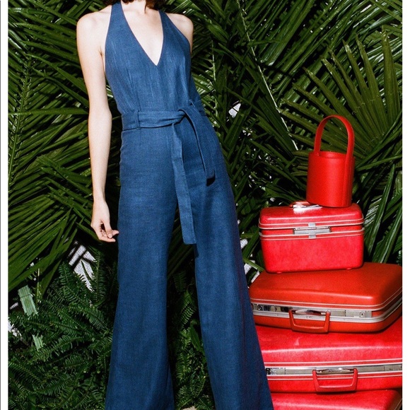 STAUD Dresses & Skirts - staud Denim wide leg halter jumpsuit belt Xs 0